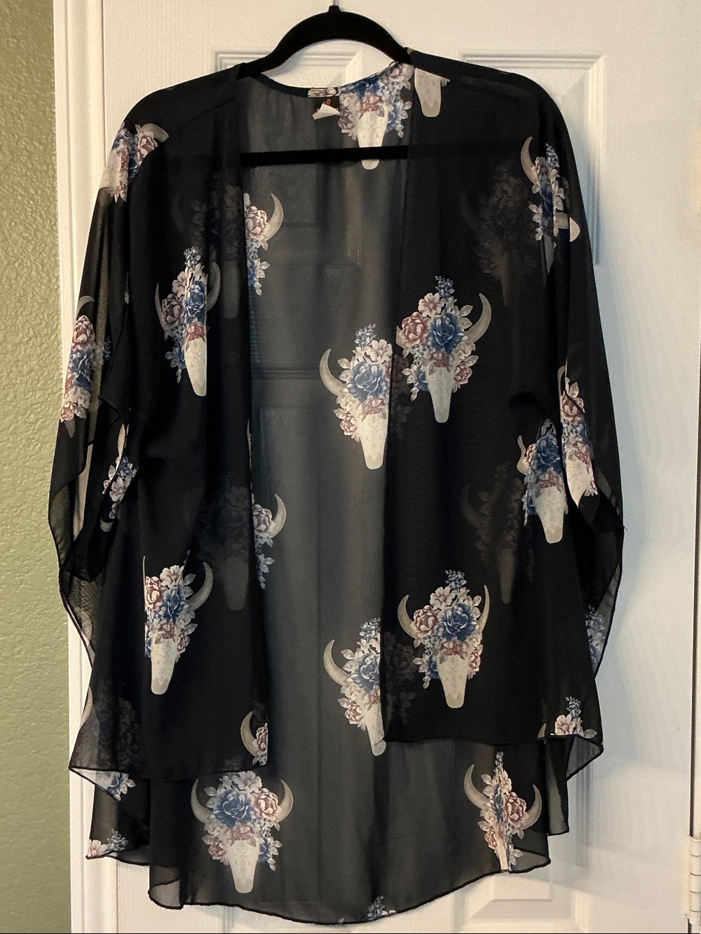 Navy blue Sheer Floral Bull Skull Kimono